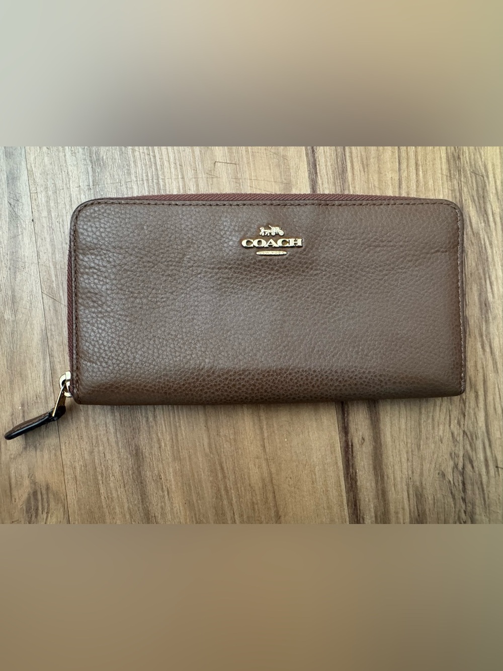 Coach Brown Leather Zip-Around Wallet with Gold Logo